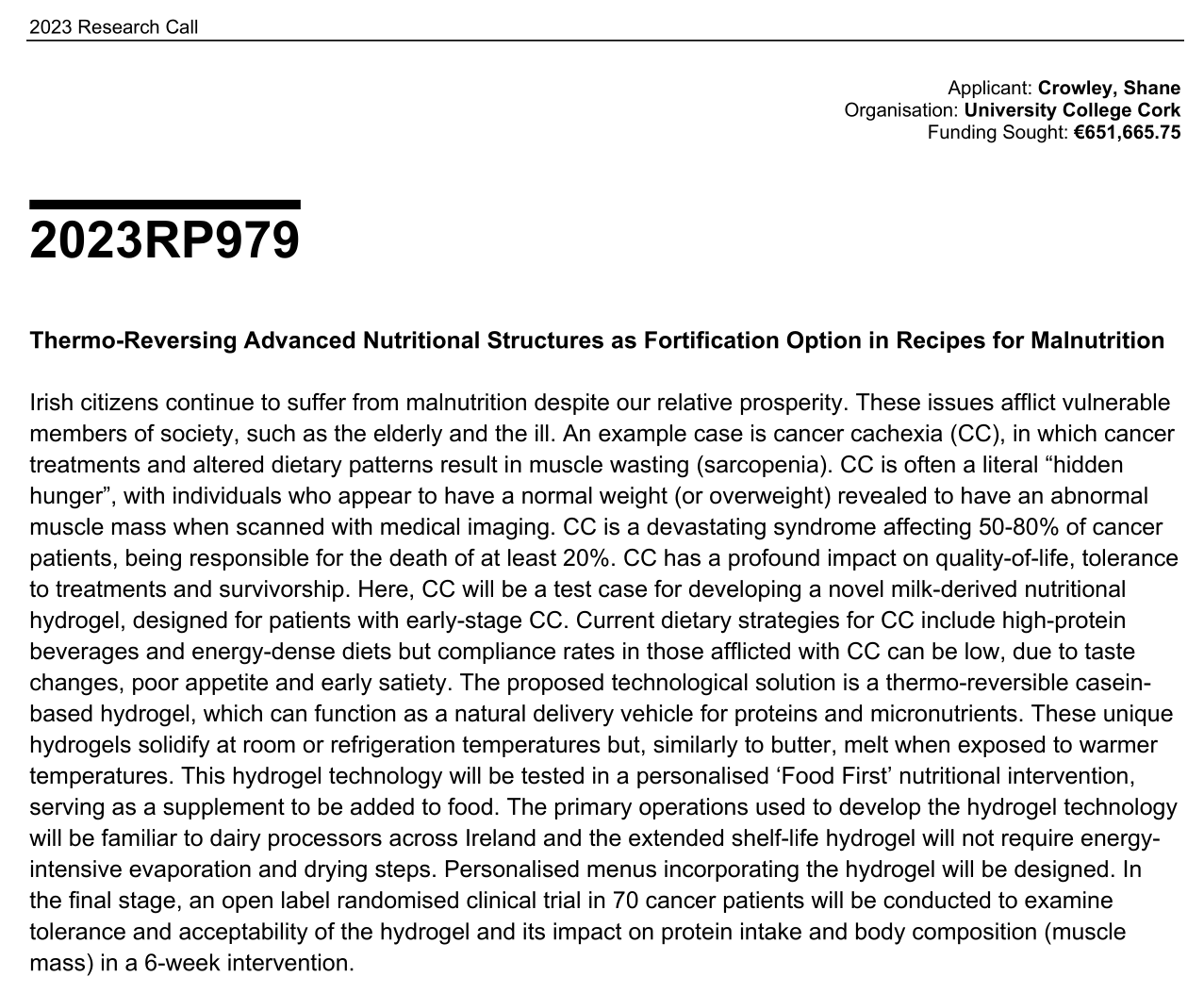 Title page of grant proposal